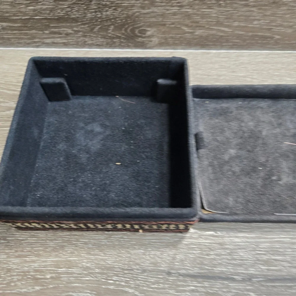 Vintage Embroidered Black Suede Cow Leather Jewelry Box 2 Tier Tray 6x5In